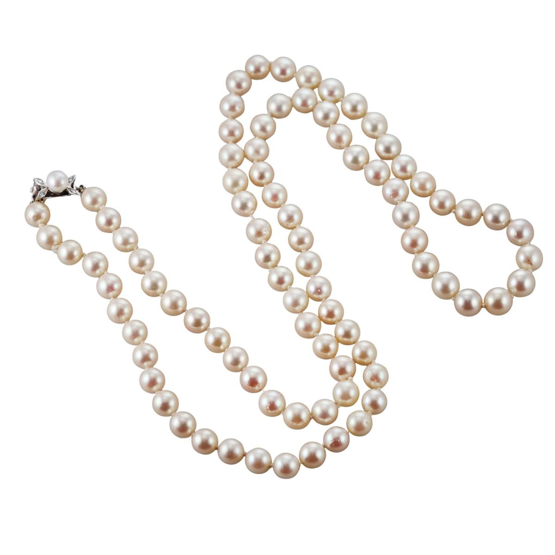 Mid Century 14k Gold Diamond Pearl Necklace: Metal : 14k White Gold Designer : Not Signed Gemstone : Set with approx. 0.04ctw diamonds and 7.5mm pearls Measurements : Necklace is 29.5" long Marked: : 14k Weight: : 5