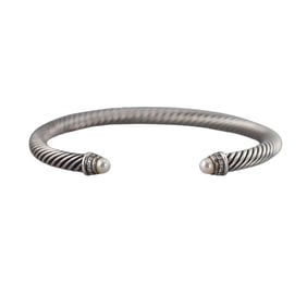 David Yurman Silver Diamond Pearl 5mm Cable Cuff Bracelet