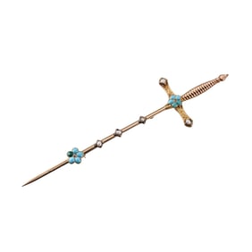 Antique 14k Gold Turquoise Pearl Dagger Sword Large Brooch Pin
