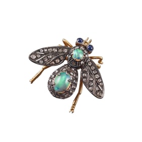 14k Gold Silver Opal Diamond Sapphire Insect Brooch Pendant