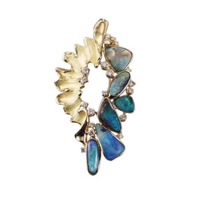 1970s Modernist 18k Gold Opal Diamond Brooch Pendant