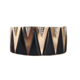 1980s 14k Gold Onyx Diamond Geometric Bangle Bracelet