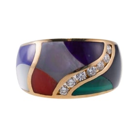 Asch Grossbardt Inlay Malachite Coral Lapis Diamond Gold Ring