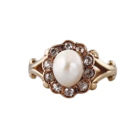GIA Natural Pearl Antique 14k Gold Diamond Ring
