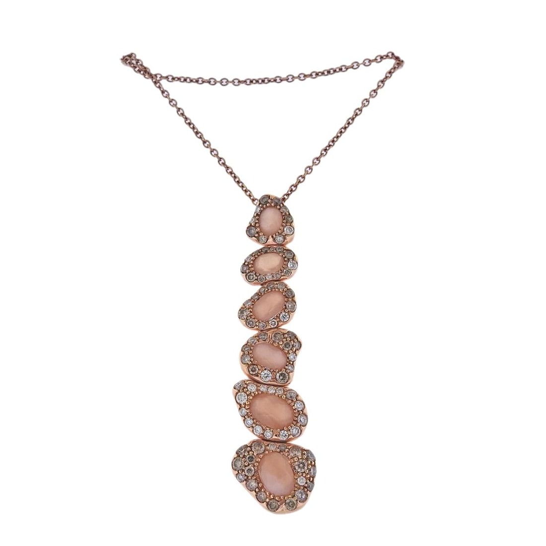 Bucherer Gold Moonstone Diamond Pendant Necklace: Metal : 18k Rose Gold Designer : Bucherer Gemstone : Moonstone 5.47ctw, Diamonds 2.33ctw. Measurements : Necklace is 16" long, pendant 45mm x 11mm. Marked: : CB 750. Weight: <