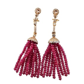 14k Gold Diamond Ruby Bead Tassel Drop Earrings