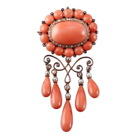 French Antique Georgian 18k Gold Coral Diamond Pearl Brooch