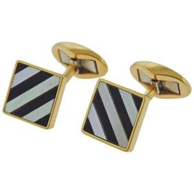 Tiffany & Co. Mother of Pearl Onyx Inlay Gold Cufflinks