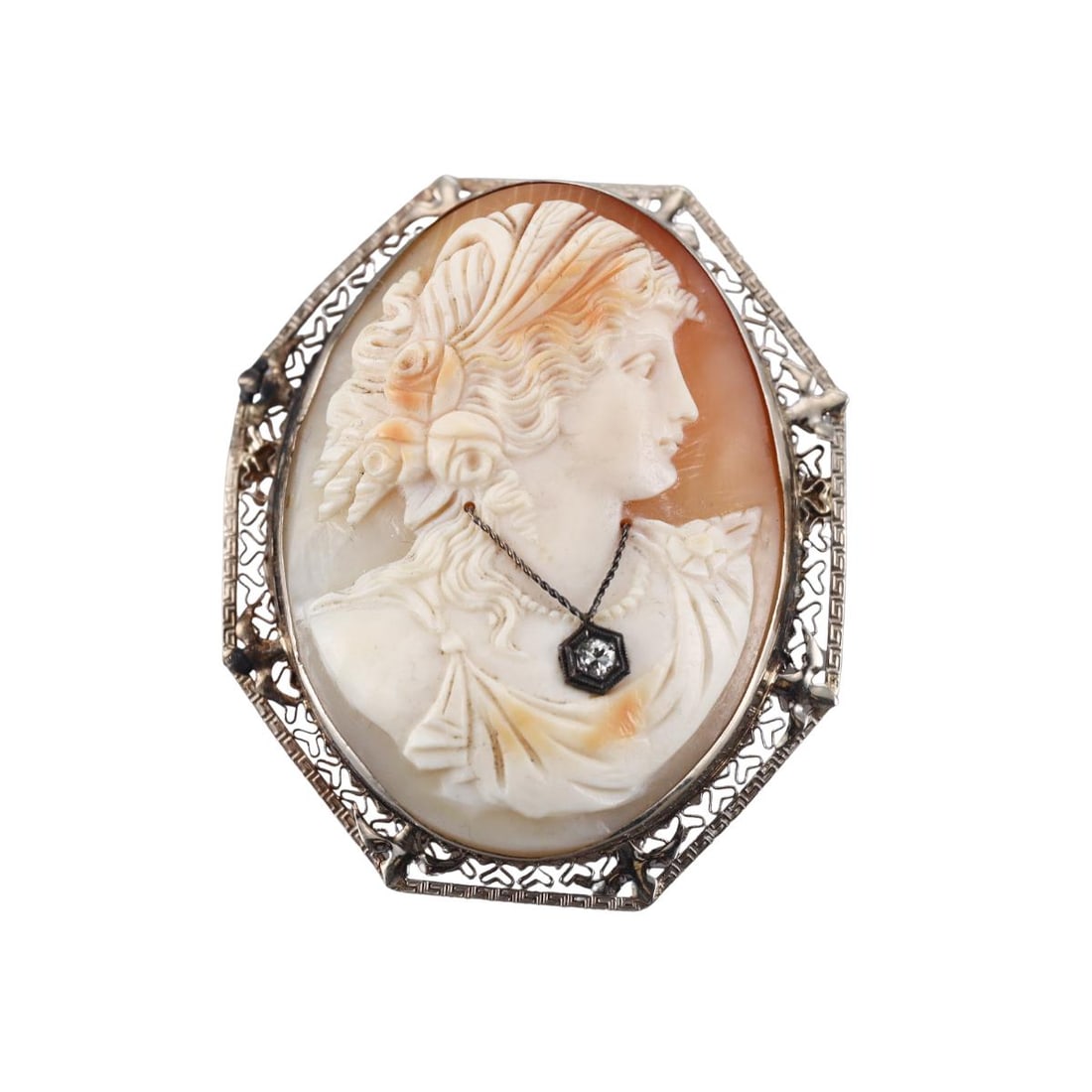 Antique Art Deco Filigree 14k Gold Diamond Cameo Brooch Pendant (1 of 4)