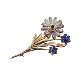 Retro 14k Gold Moonstone Sapphire Flower Brooch