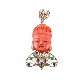 Carved Coral Diamond Emerald Ruby Gold Buddha Pendant