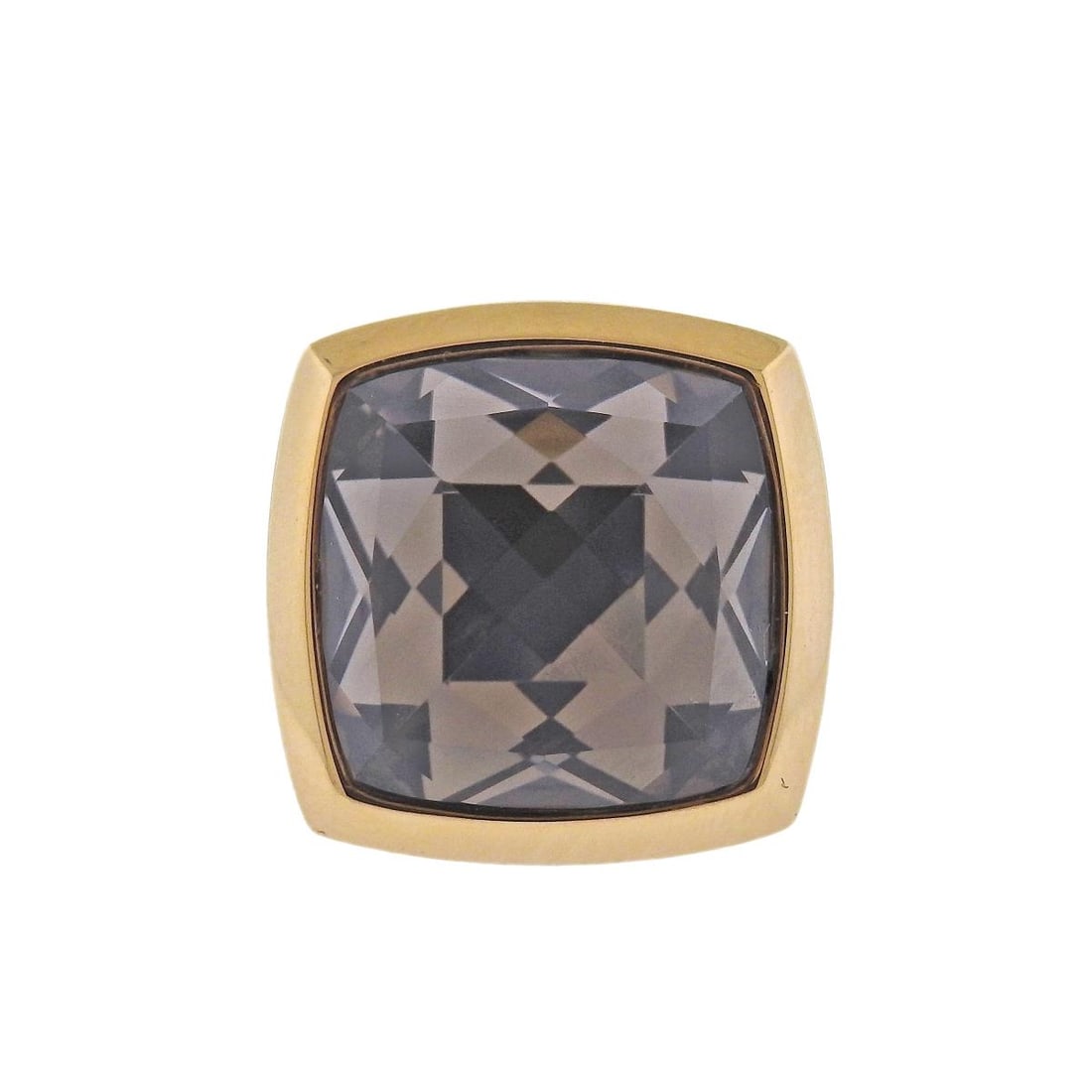 Bucherer Gold Smoky Quartz Ring: Metal : 18k Yellow Gold Designer : Bucherer Gemstone : Smokey quartz 18ct. Measurements : Ring size 6, top is 20 x 20mm. Marked: : Maker's mark, 750. Weight: : 26 grams