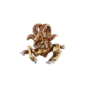 18k Gold Diamond Ruby Aries Zodiac Sign Pendant Brooch