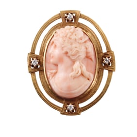 Antique 18k Gold Diamond Coral Cameo Brooch Pendant