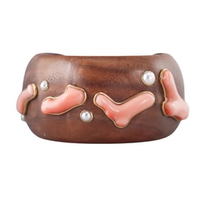 Trianon 18K Gold Coral Pearl Wood Cuff Bracelet