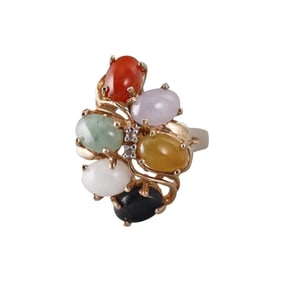 14k Gold Multi Color Jade Diamond Ring