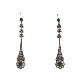 Antique Georgian Gold Silver Rose Cut Diamond Emerald Drop Earrings