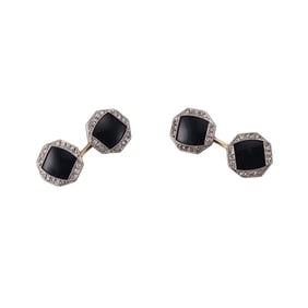 Art Deco Onyx Rose Cut Diamond Gold Platinum Cufflinks