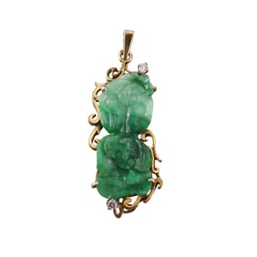14k Gold Carved Jade Diamond Pendant