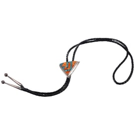 Sterling Silver Gemstone Inlay Leather Bolo Tie Necklace