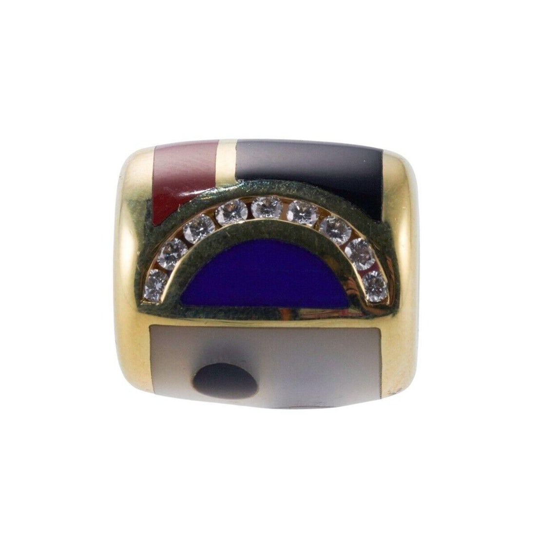 Asch Grossbardt Gemstone Inlay Diamond Barrel Slide Pendant: Metal : 14k Yellow Gold Designer : Asch Grossbardt Gemstone : IOnyx, Turquoise, Lapis, Malachite, Coral, Diamonds approx. 0.18ctw. Measurements : Pendant is 17mm x 15mm. Marked: : 14k,