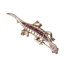 Retro Sterling Diamond Ruby Salamander Brooch