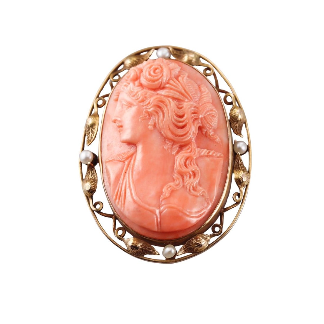 Antique Gold Carved Coral Cameo Pearl Brooch Pendant (1 of 3)