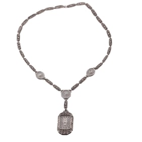 Art Deco Filigree 14k Gold Frosted Crystal Diamond Pendant Necklace