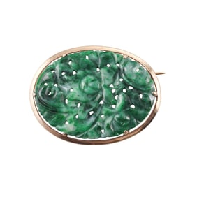 14k Gold Carved Jade Brooch Pin