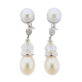 Seaman Schepps Carved Rock Crystal Pearl Diamond Gold Earrings