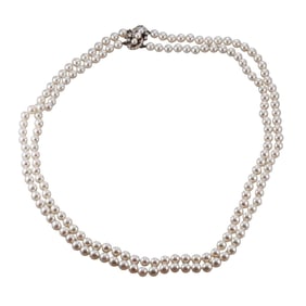 Mid Century 14k Gold Diamond Pearl Two Strand Necklace