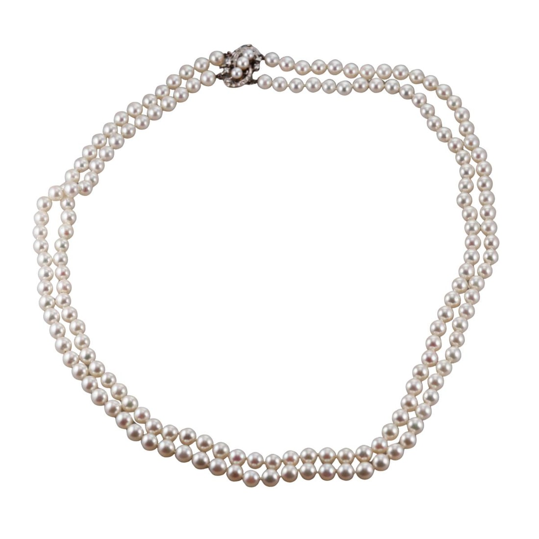 Mid Century 14k Gold Diamond Pearl Two Strand Necklace (1 of 3)