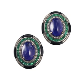 14k Gold Silver Tanzanite Emerald Onyx Diamond Earrings