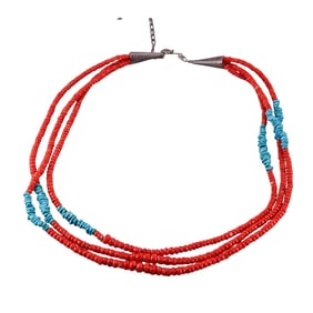 Native American Sterling Silver Turquoise Coral Necklace