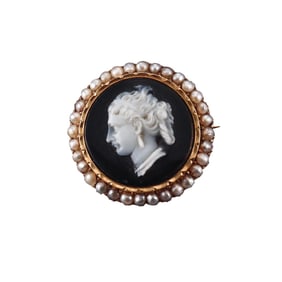 Antique Victorian 14k Gold Seed Pearl Onyx Hardstone Cameo Brooch Pin