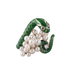 Vintage 14k Gold Enamel Pearl Diamond Ruby Snake Ring