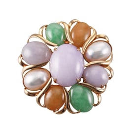 VIntage 14k Gold Multi Color Jade Pearl Brooch Pendant