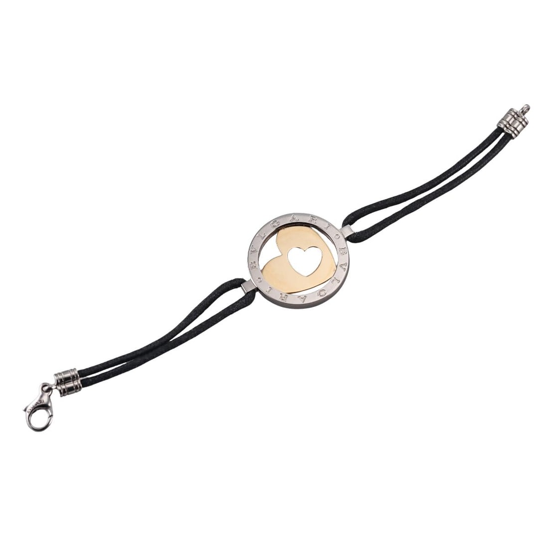 Bvlgari Bulgari Tondo Heart Gold Stainless Steel Cord Bracelet: Metal : 18k Gold and Stainless Steel Designer : Bvlgari Gemstone : n/a Measurements : Bracelet is 6" long x 26mm in diameter circle Marked: : Bvlgari 750, Gold and Steel Made in Italy S