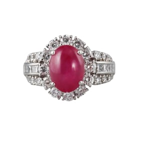 4.25ct Star Ruby Cabochon Diamond Platinum Ring