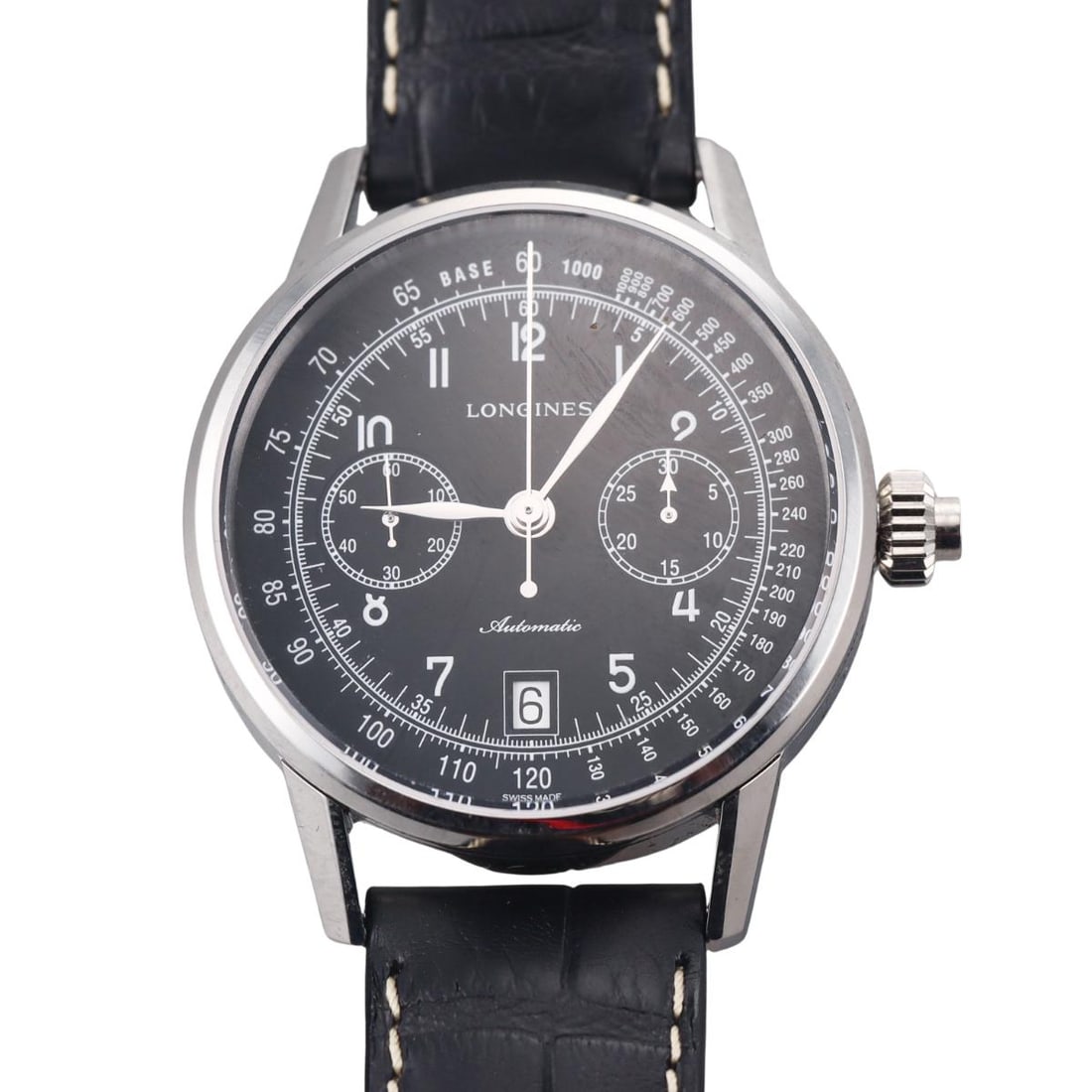 Longines Column-Wheel Chronograph Black Dial Watch L28004530: Metal : Stainless Steel Designer : Longines Movement : Automatic - working order. Measurements : Case - 41mm, original band and buckle. Reference/Model: : Heritage. L28004530.