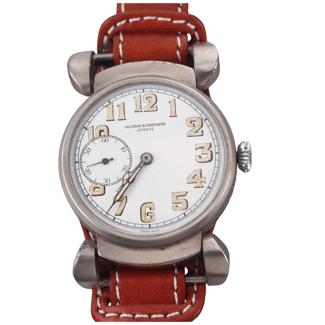 Vintage Vacheron Constantin Converted Pocket Watch: Metal : Stainless Steel Designer : Vacheron Constantin Movement : Manual wind - working order. Measurements : Case 42mm, converted from pocket watch. Band and buckle not original. Reference/