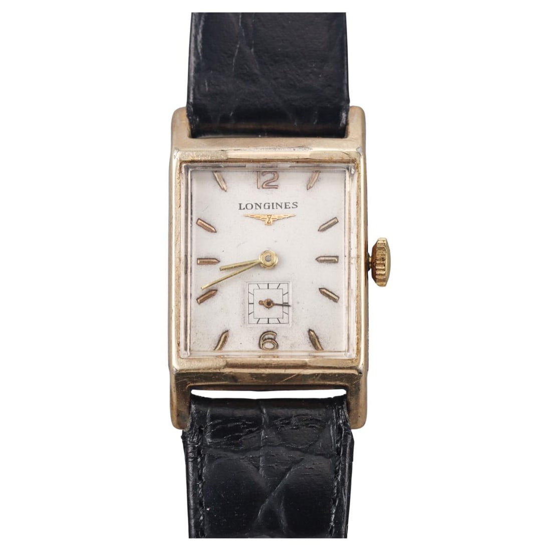 Longines Vintage 1940s Gold Filled Manual Wind Watch cal. 9LT: Metal : 10k Gold Filled Designer : Longines Movement : Manual wind - working order. Cal. 9LT, 17 jewels. # 905480. Measurements : Case 22mm x 38mm. Band and buckle not original. Reference/Mo