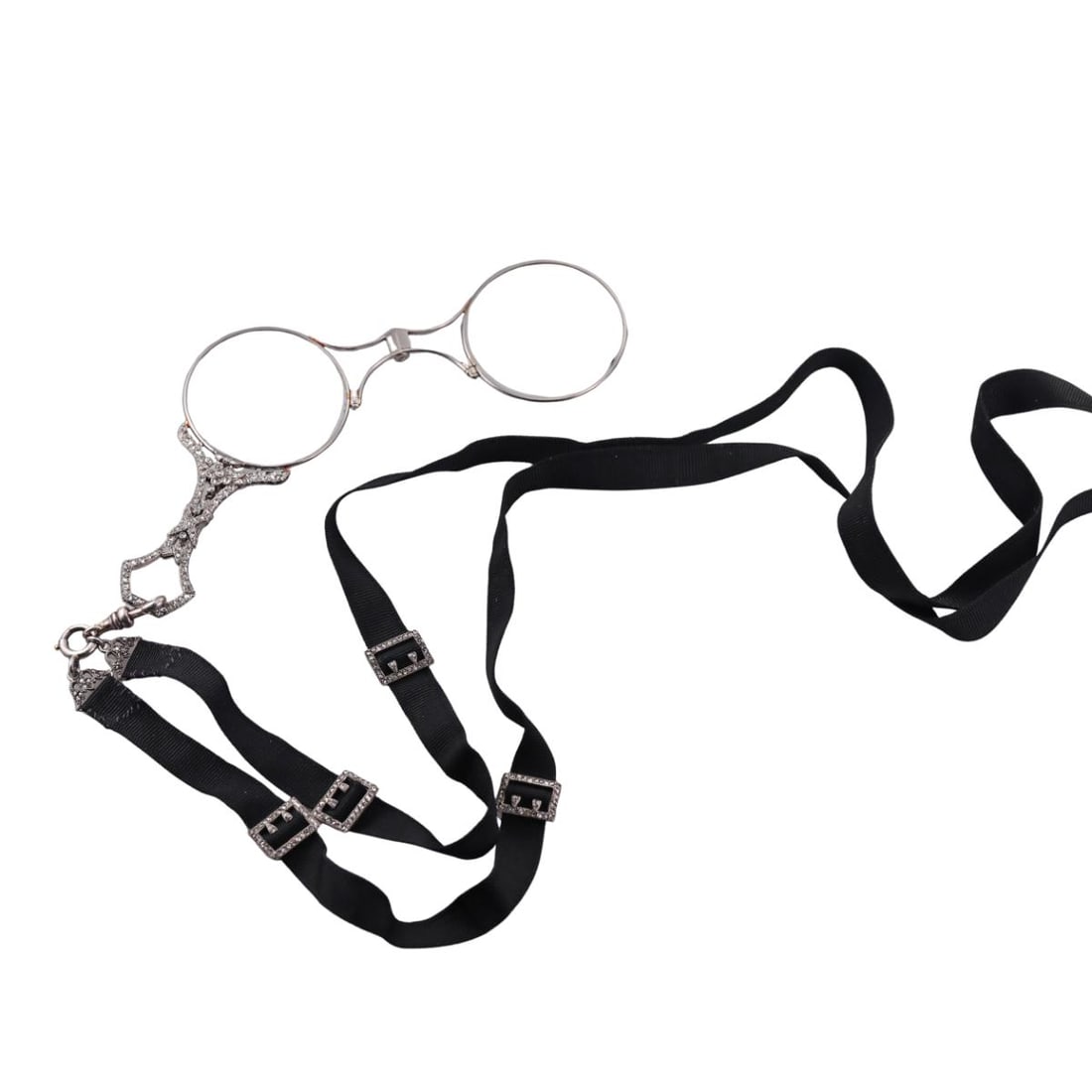 Antique Edwardian Platinum Diamond Lorgnette Cord Necklace: Metal : Platinum / Fabric Cord Designer : Not Signed Gemstone : Rose cut diamonds. Measurements : Lorgnette measures 85mm x 35mm when closed (as a pendant), Cord is 36" long. Marked: :