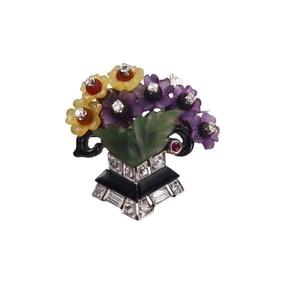 Art Deco Platinum Tutti Frutti Gemstone Diamond Flower Bouquet  Brooch Pin