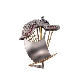 Antique Scottish 18k Gold Platinum Diamond Ruby Sapphire Sailboat Brooch