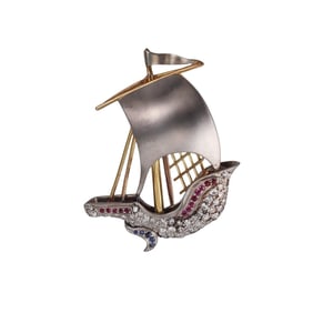 Antique Scottish 18k Gold Platinum Diamond Ruby Sapphire Sailboat Brooch