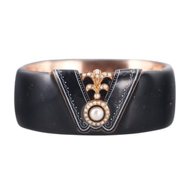 Antique Victorian English 14k Gold Black Enamel Seed Pearl Bangle Bracelet