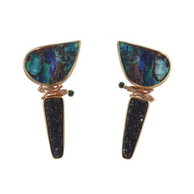 Artisanal 18k Gold Druzy Gemstone Opal Tsavorite Earrings