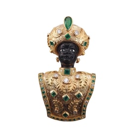 18k Gold Blackamoor Ebony Emerald Diamond Mabe Pearl Brooch