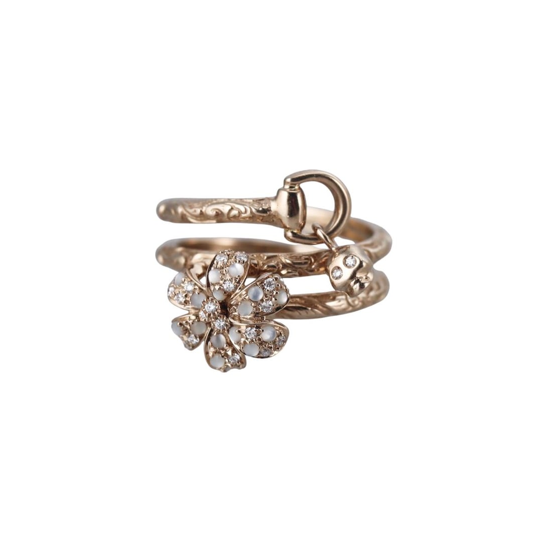 Gucci Flora 18k Gold Diamond Moonstone Wrap Flower Ring: Metal : 18k Yellow Gold Designer : Gucci Gemstone : Moonstones, Diamonds 0.02ctw. Measurements : Ring size 5.75, width 16mm. Marked: : Gucci, made in Italy, Au750, 12, Italian mark.